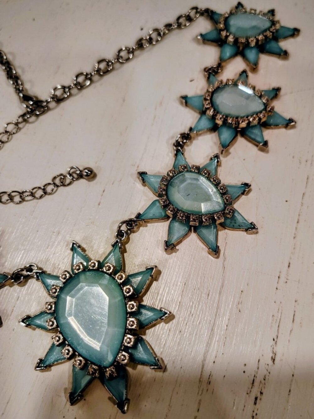 Aqua Blue Jeweled Gypsy Starburst Silver Necklace, Boho, Statement, EUC - Picture 7 of 10